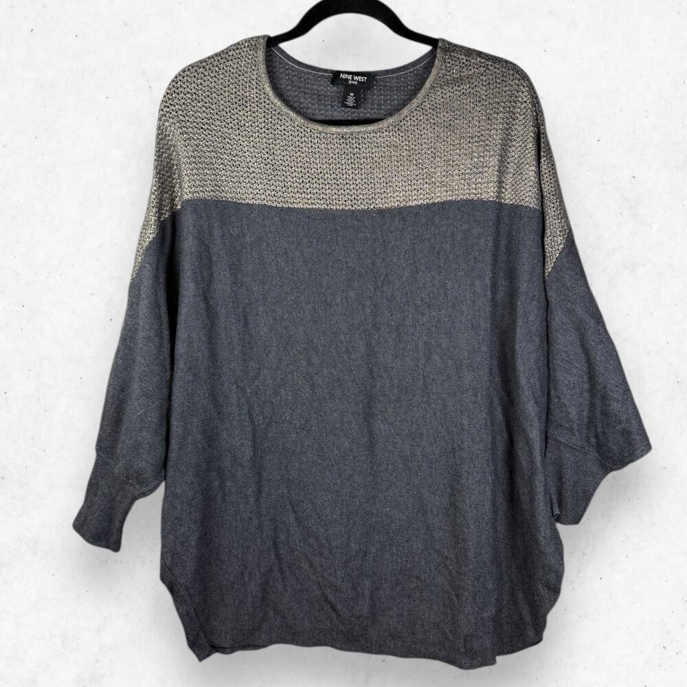 Nine West Jeans Batwing Top Women's M 3/4 Sleeve 2 Tone Gray Crew Neck